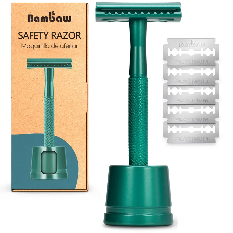 Rasoir Bambaw à double tranchant avec socle – vert océan, 5 lames incluses
