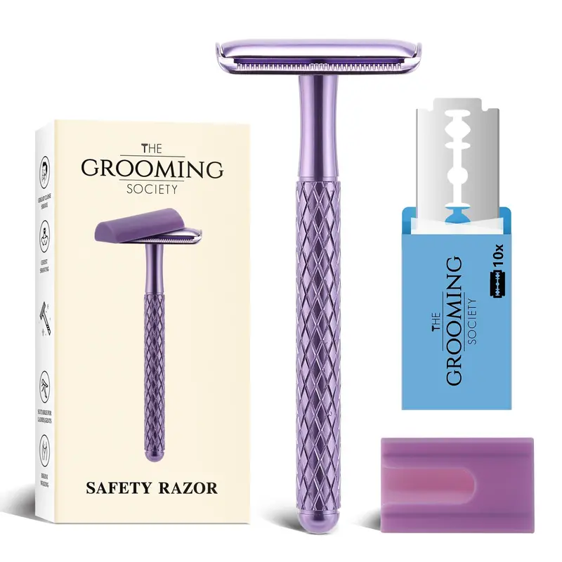 Rasoir de sécurité double tranchant THE GROOMING SOCIETY pour femmes – Violet, 10 lames + capot silicone