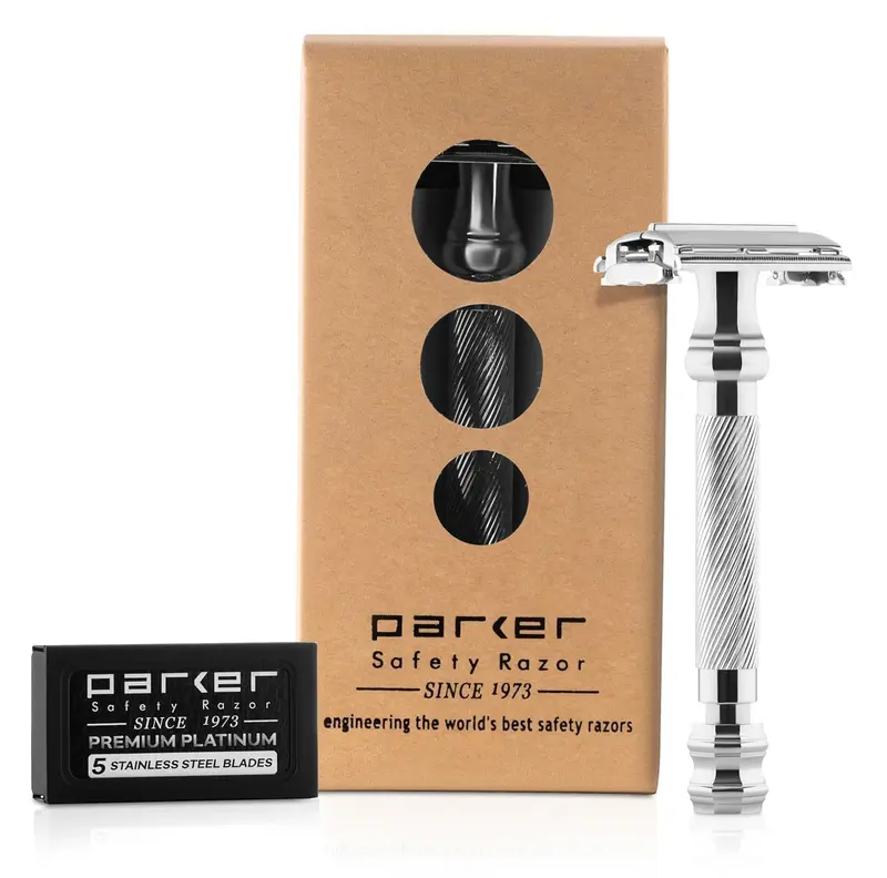 Rasoir de sécurité Parker 99R Chrome – Manche long, ouverture papillon et 5 lames Parker Premium incluses