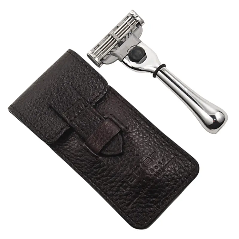 Rasoir de voyage Parker – Compatible Mach3, Poignée chrome-laiton et Étui cuir buffle premium