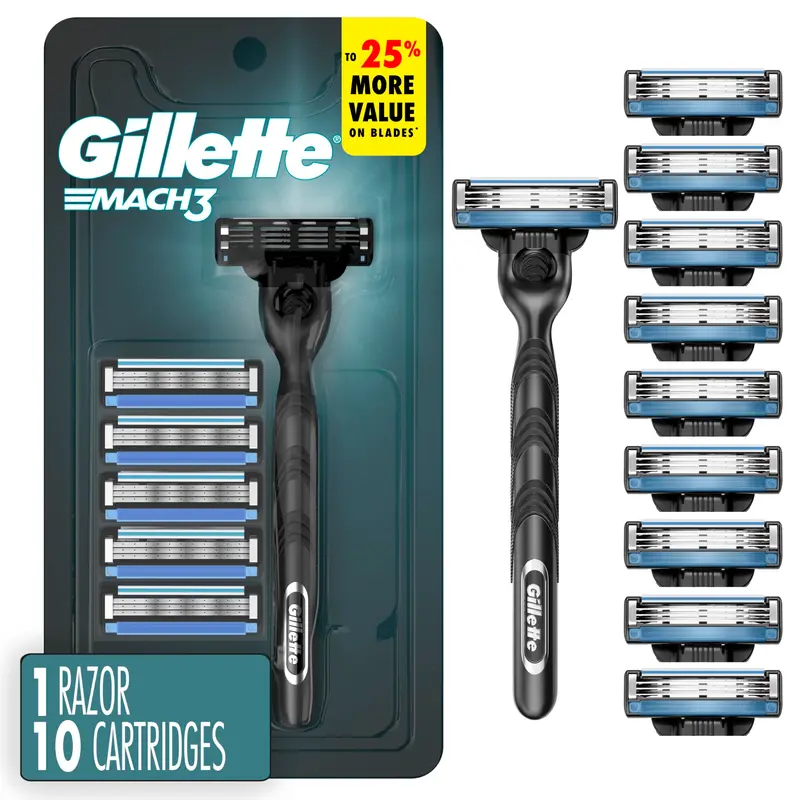 Rasoir Gillette Mach3 pour hommes — manche à 3 lames, 10 recharges et bande lubrifiante