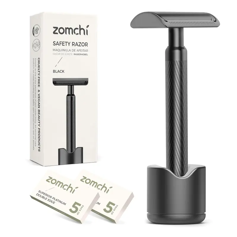 Rasoir ZOMCHI double tranchant 2.0 – Noir Mat, Support et 10 Lames – Garantie 5 ans
