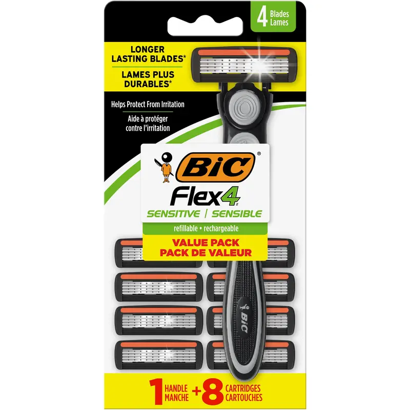 Rasoirs BIC Flex 4 Rechargeables pour Hommes – 8 pièces, 4 lames, peau sensible