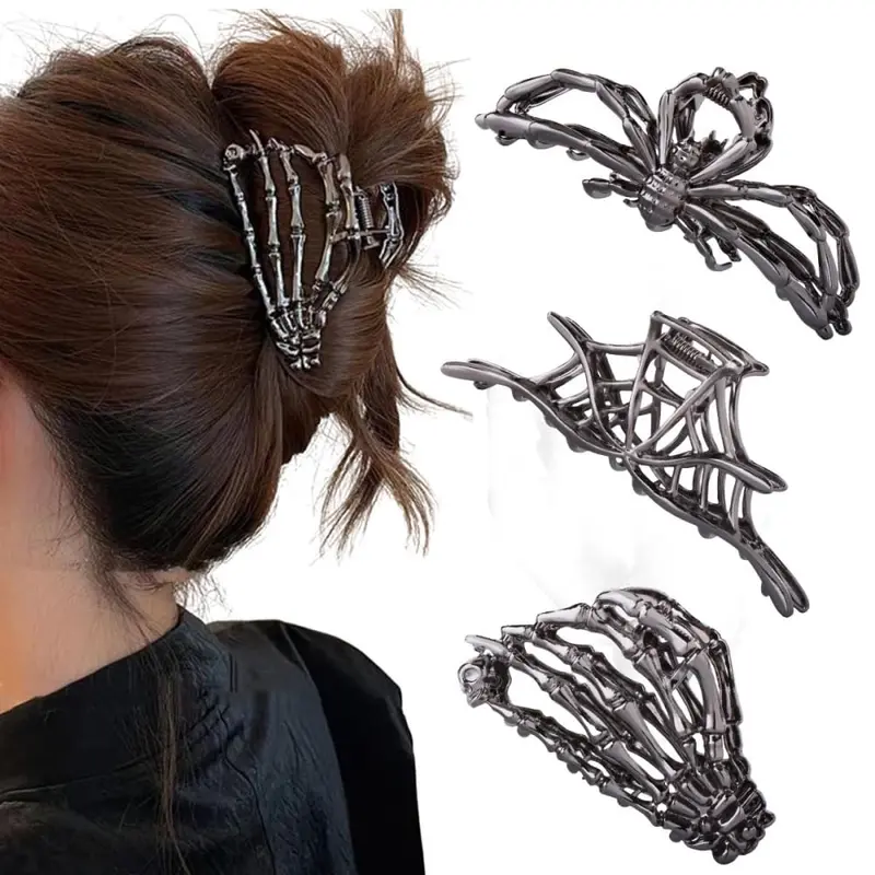 RAUIMOUR - Lot de 3 pinces cheveux araignée, toile d’araignée et main squelette - noir métal