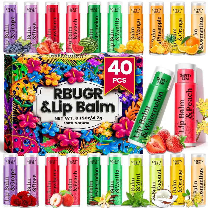 RBUGR Lot de 40 baumes à lèvres | 12 saveurs en cire d'abeille – hydratants et apaisants naturels en vrac (4,2 g / 0,15 oz)