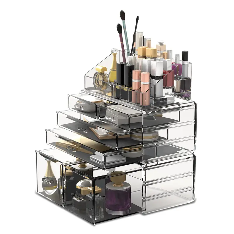 READAEER Organisateur Maquillage 3 Pièces – Coffret Cosmétiques Transparent à 6 Tiroirs