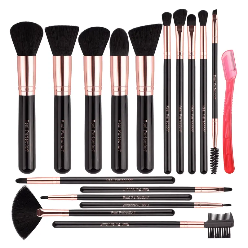 Real Perfection - Kit Pinceaux Maquillage 16 Pièces Noir | Fond de Teint, Poudre, Correcteur, Ombres à Paupières, Blush