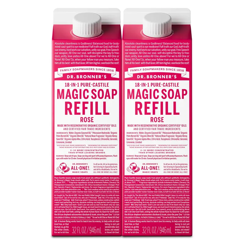 Recharge Dr. Bronner’s Rose – Savon liquide pur Castile, 2 bouteilles de 946 ml, huiles biologiques certifiées et commerce équitable