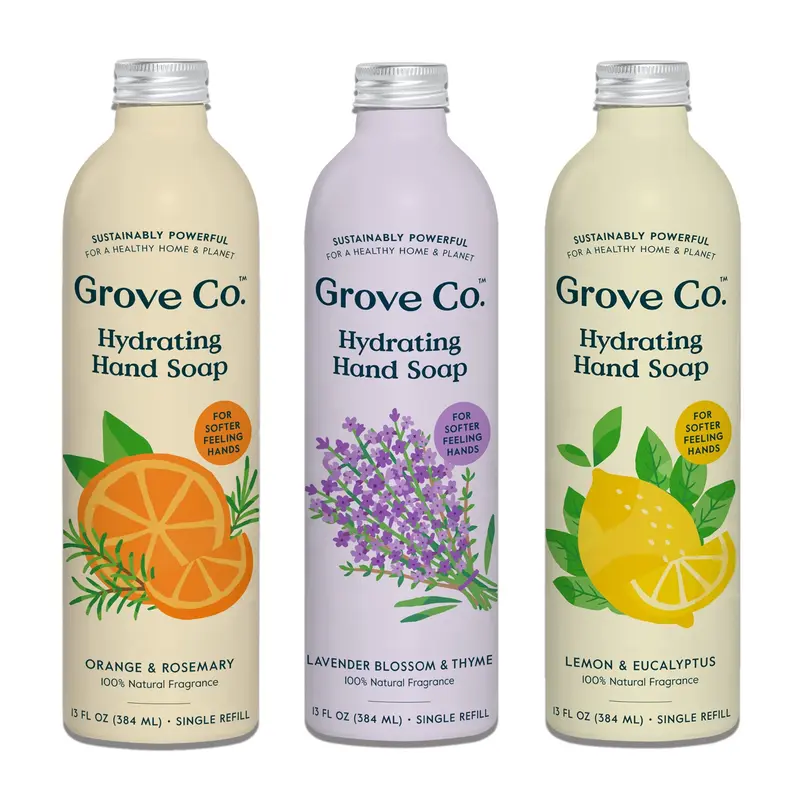 Recharge Gel Mains Hydratant Grove Co. (3 x 375 ml) Sans Plastique – Citron-Eucalyptus, Lavande-Thym, Orange-Romarin