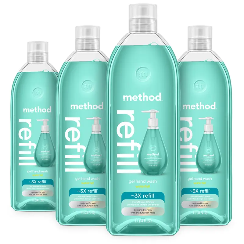 Recharge Gel Mains Method Waterfall – Bouteille recyclable, 34 oz, Lot de 4 (Emballage variable)