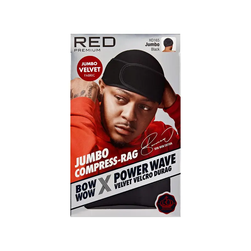 Red by Kiss Bow Wow X Power Wave Durag – Cap de Compression 360°, Velours Jumbo Noir, Sangle Velcro Réglable