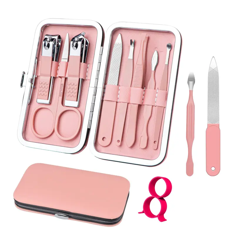 RedFlow Kit Manucure 8-en-1 – Pinces à Ongles, Trousse Cuir Rose, Outils Visage et Pédicure, Voyage