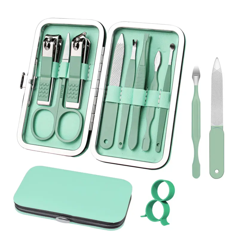 RedFlow Set Manucure 8 en 1 – Outils ongles et soin mains et pieds – Étui cuir – Voyage Vert