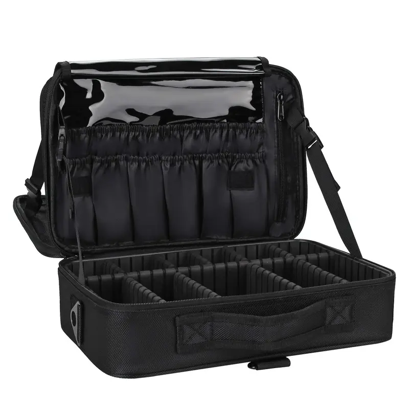 Relavel Sac Maquillage Voyage Grand Format 13,8 po – Trousse pro avec diviseurs ajustables et bandoulière noire
