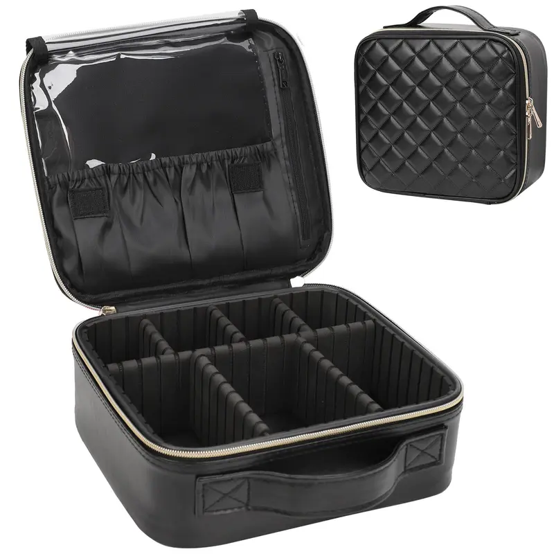 Relavel Trousse Maquillage Voyage – Compartiments Ajustables, Cuir PU Noir
