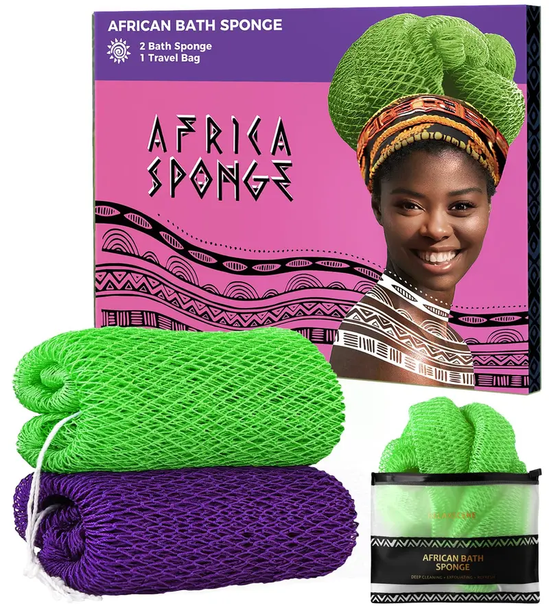 RelaxScene – Éponge Filet Africaine Authentique avec Nœuds (Lot de 2) – Gant Douche Exfoliant Violet et Vert