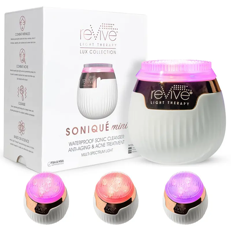reVive Light Therapy Lux Collection Soniqué Mini – Brosse visage sonic avec lumière bleue et rouge