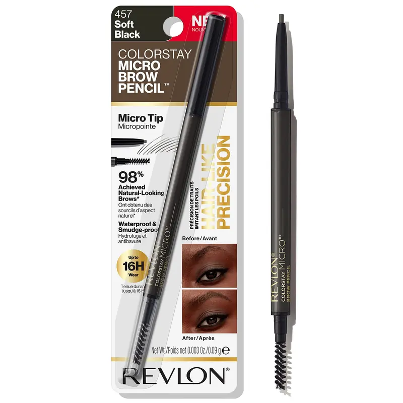 REVLON ColorStay Micro Sourcils - Crayon a traces fines avec spoolie integre, huile argan et marula, 457 Noir Doux, 0,003 oz, resistant a l'eau
