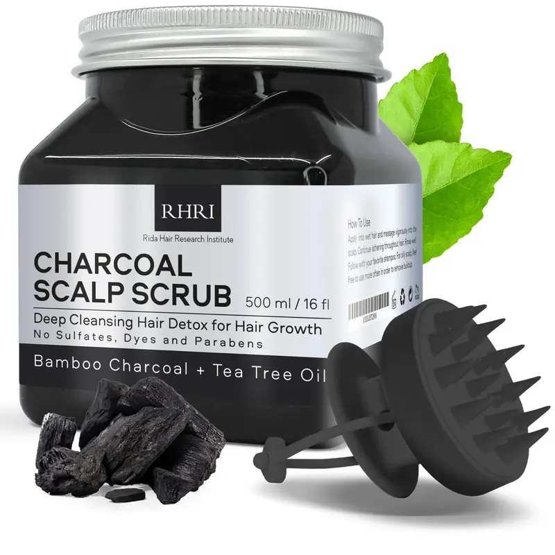 RHRI Gommage Cuir Chevelu au Charbon Sans Sulfates - Charbon de Bambou & Huile d'Arbre à Thé, Exfoliant Détox pour Cuir Chevelu et Cheveux, 16 oz