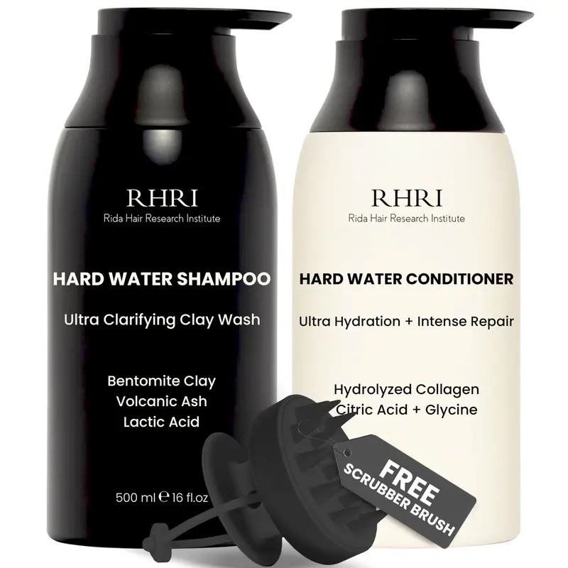 Rida Hair Research Institute — Ensemble Shampoing Eau Dure et Après-Shampoing | Hydratation, Brillance et Maniabilité | Argile Bentonite, Cendre Volcanique, Acide Lactique | Format 946 ml