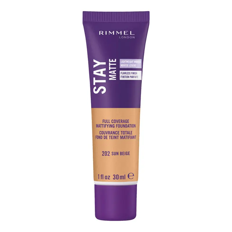Rimmel London Stay Matte Mousse Liquide – Teinte 202 Soleil Beige – Fond de teint léger, contrôle de la brillance, sans huile, 30 ml