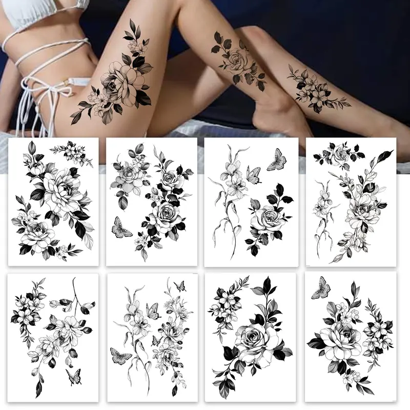 Roarhowl Tatouages Temporaires Femme – Grande Fleur, 8 Feuilles