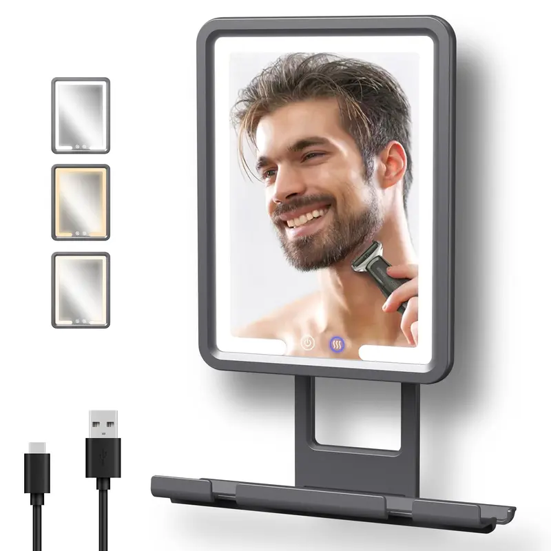 Rocollos Miroir Douche Anti-Buée LED 3 Couleurs, Chauffage, Rotation 360°, Batterie 5000mAh