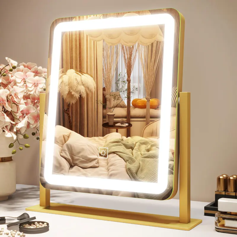 ROLOVE Miroir Vanité avec Lumière – 12,6 × 15 po, Éclairage Tactile, 3 Modes, Cadre Doré