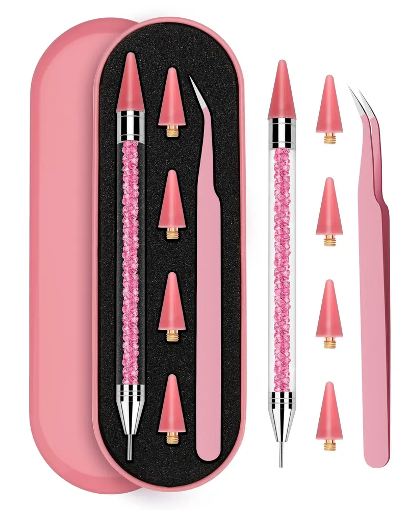 Rolybag Outil Pick-up Strass – Stylo cire double-tête, 4 embouts remplaçables et pince à épiler (rose)