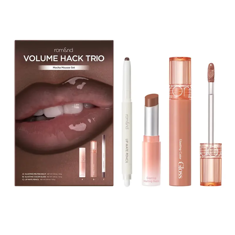 rom&nd Trio Volume Hack Mocha Mousse – brillant à lèvres, baume hydratant et crayon contour lèvres | Look tendance beauté coréenne