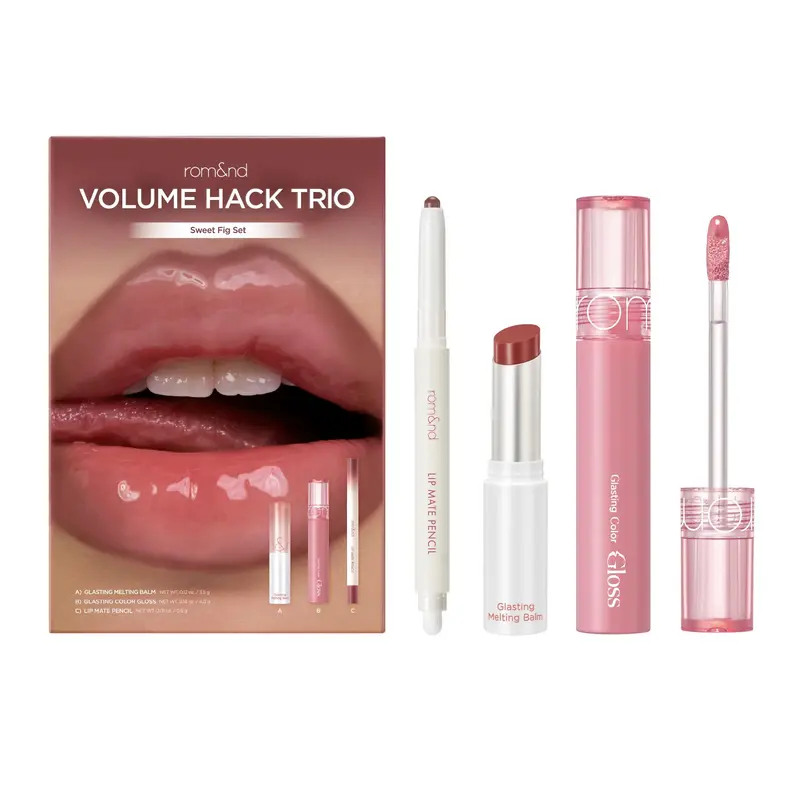 rom&nd Volume Hack Trio Sweet Fig Set – Kit Lèvres K-Beauty 3 en 1 pour Lèvres pulpeuses, Hydratées et Brillantes