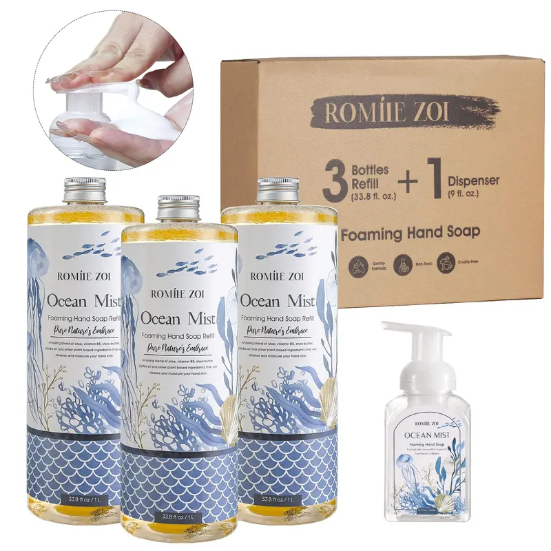 ROMIIE ZOI Recharges Mousse Mains Brume Océan – Lot 3 x 1 L + Distributeur