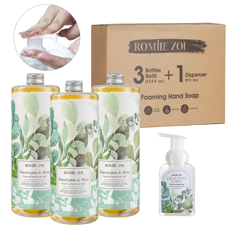 ROMIIE ZOI Savon mousse Eucalyptus & Menthe – Recharge 1L avec Pompe Réutilisable (Pack de 3) – Naturel et Sans Cruauté