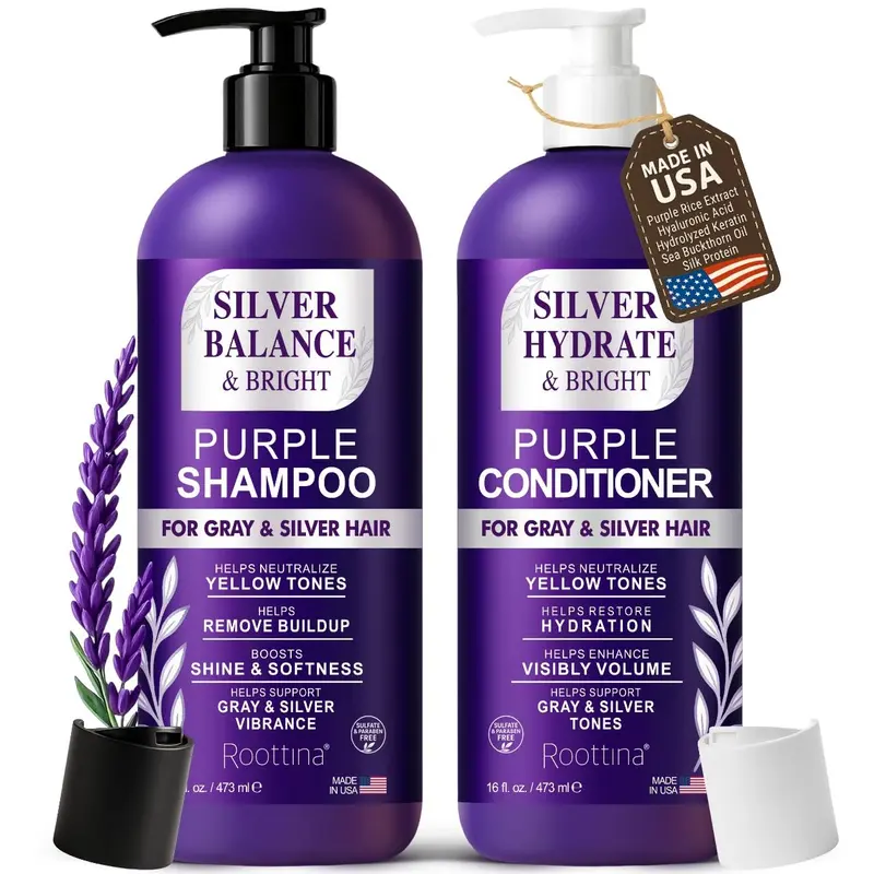 ROOTTINA Silver Shine — Ensemble Shampoing Violet Sans-Sulfate et Après-Shampoing pour Cheveux Gris, Blonds et Blancs
