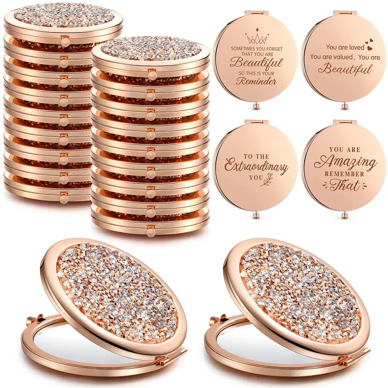 Roowest Miroirs de Poche en Métal Or Rose avec Strass — Lot de 16, Grossissement 2x