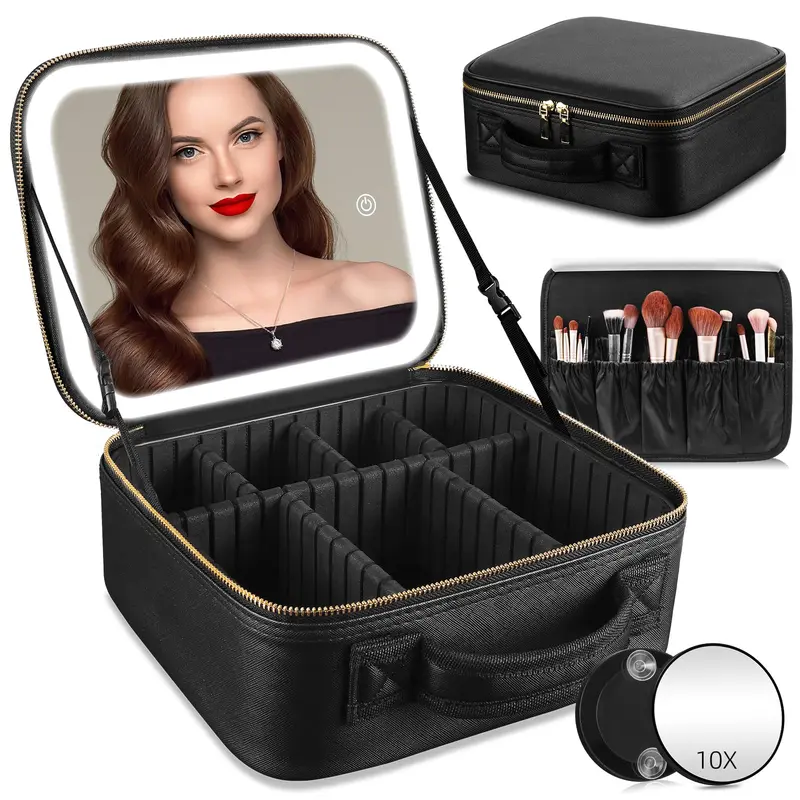 RRtide Sac Maquillage de Voyage avec Miroir LED - Coffret Maquillage à Compartiments Réglables