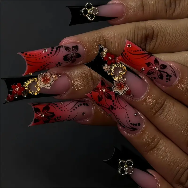 RTKHFZE – 24 pièces d'ongles postiches carrés longs rose à pointe française fleurs 3D et strass