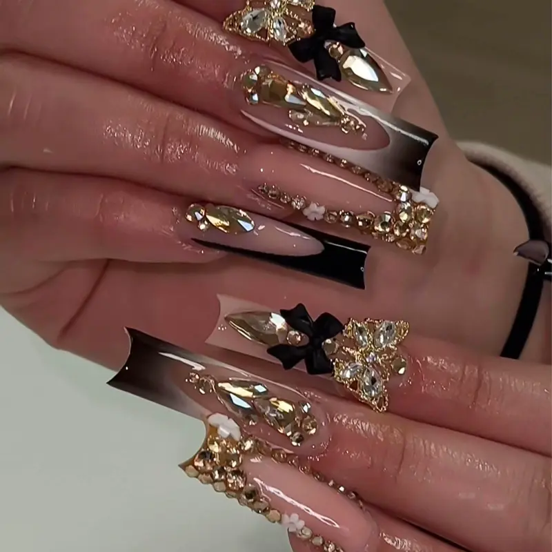 RUOKEXIN Ongles Faux Noir à Pointe Française – Papillon 3D Or, Paillettes, Nœud Noir, 24 Pièces