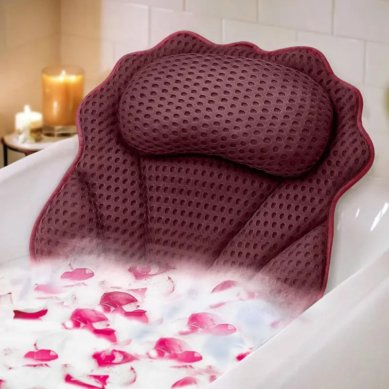RUVINCE Oreiller de Bain Ergonomique – Soutien Tête, Cou, Épaules et Dos, 6 Ventouses Puissantes, Universel (Rouge Foncé)