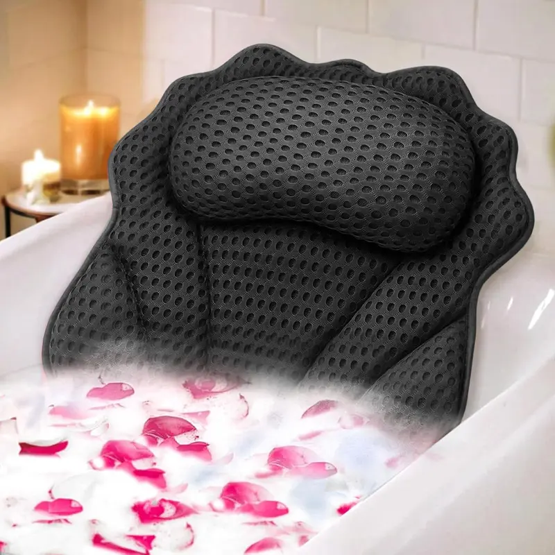 RUVINCE Oreiller de Bain Ergonomique — Soutien Tête/Épaule/Cou, 6 Ventouses, Maille 4D, Noir