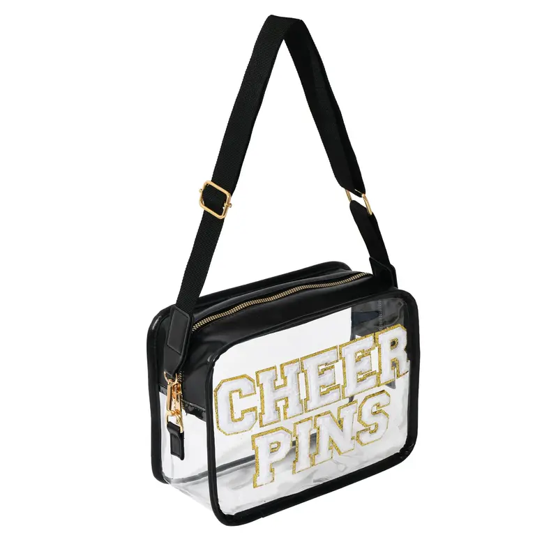 Sac CHEER PINS – Porte-pin transparent pour compétitions de cheerleading avec lettres chenille, sangle réglable et accessoire d'esprit