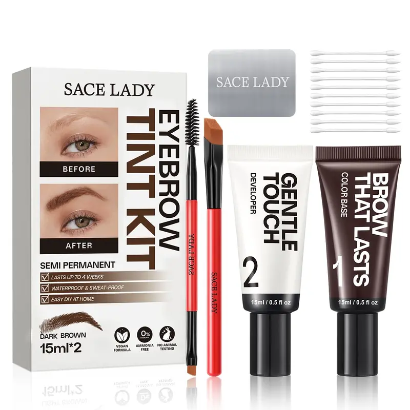 SACE LADY Kit Sourcils – Couleur Durable jusqu’à 4 Semaines, Waterproof et Vegan, 02 Dark Brown