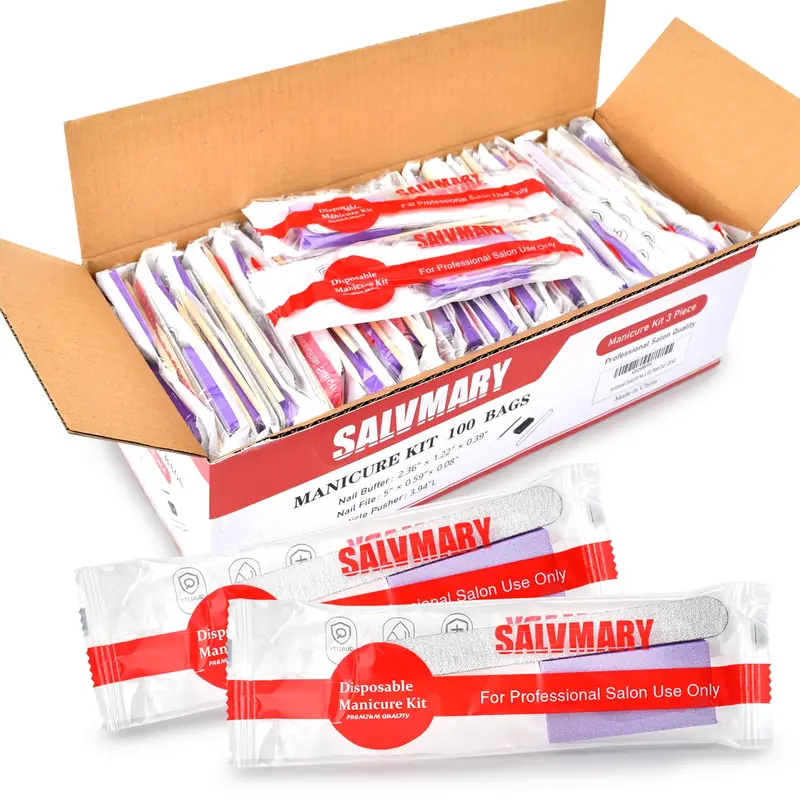 SALVMARY Kit Manucure Jetable Professionnel – 3 Pièces (lime bois 100/180, tampon buffeur 80/100, bâtonnet bois), 100 ensembles
