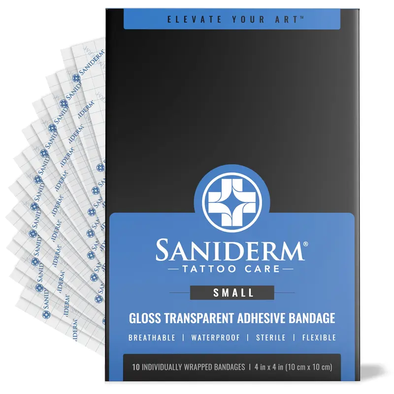Saniderm Bandage Soin Post-Tatouage Original – 10 Feuilles Petit Pack 4 x 4 po – Étanche, Stérile et Sans Latex
