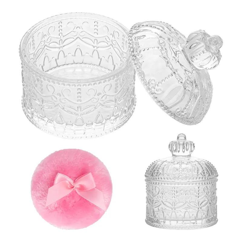 sansaieco – Ensemble de 2 Puff et Poudrier en Verre avec Couronne – Poudre Corps et Visage, Velours Doux et Réutilisable