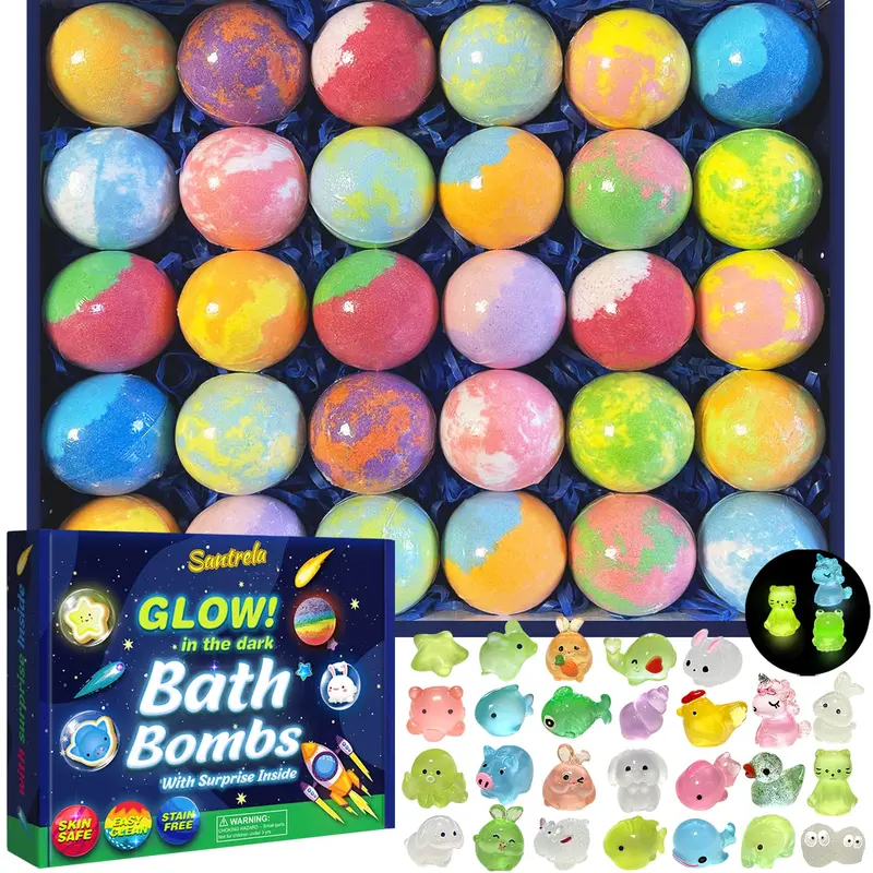 Santrela – Bombes de Bain pour Enfants avec Surprise Lumineuse, Lot de 30 Pièces