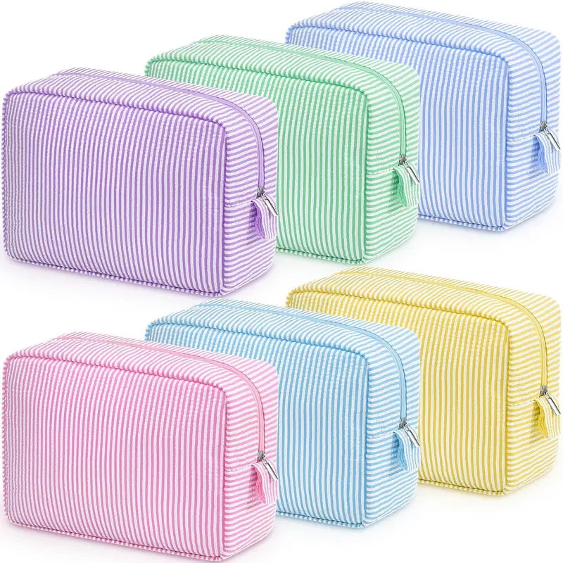 Sanwuta Lot de 6 Pochettes Cosmétiques Seersucker Macaron | Trousse Voyage Élégante Grand Format