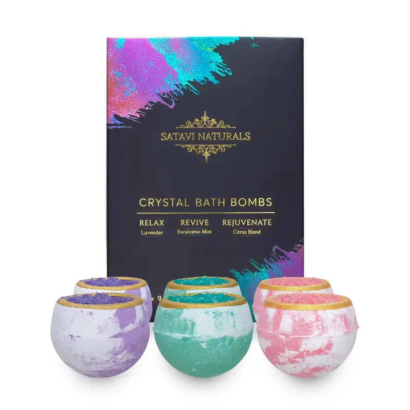 Satavi Naturals – Coffret de 6 Bombes de Bain Cristal Géode | Spa Aromathérapie et Sels Nourrissants – Cadeau Saint-Valentin