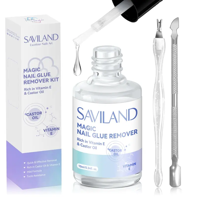 SAVILAND Dissolvant Colle Ongles – Retrait Rapide et Doux avec Outils et Huile de Ricin