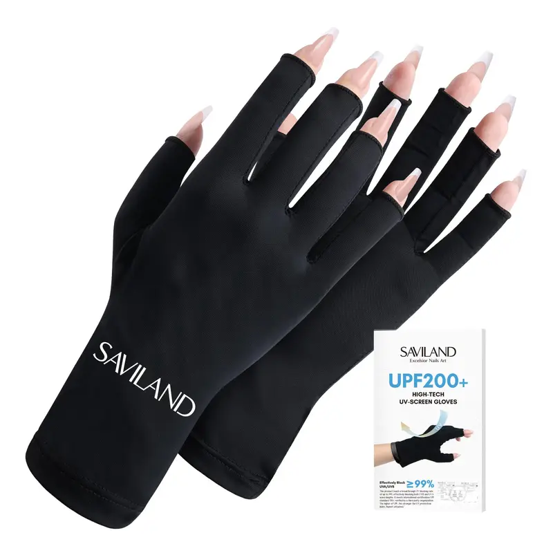 SAVILAND Gants UV pour Ongles – Gel Manucure UPF200+, Protection UVA/UVB, Sans Doigts, Noir